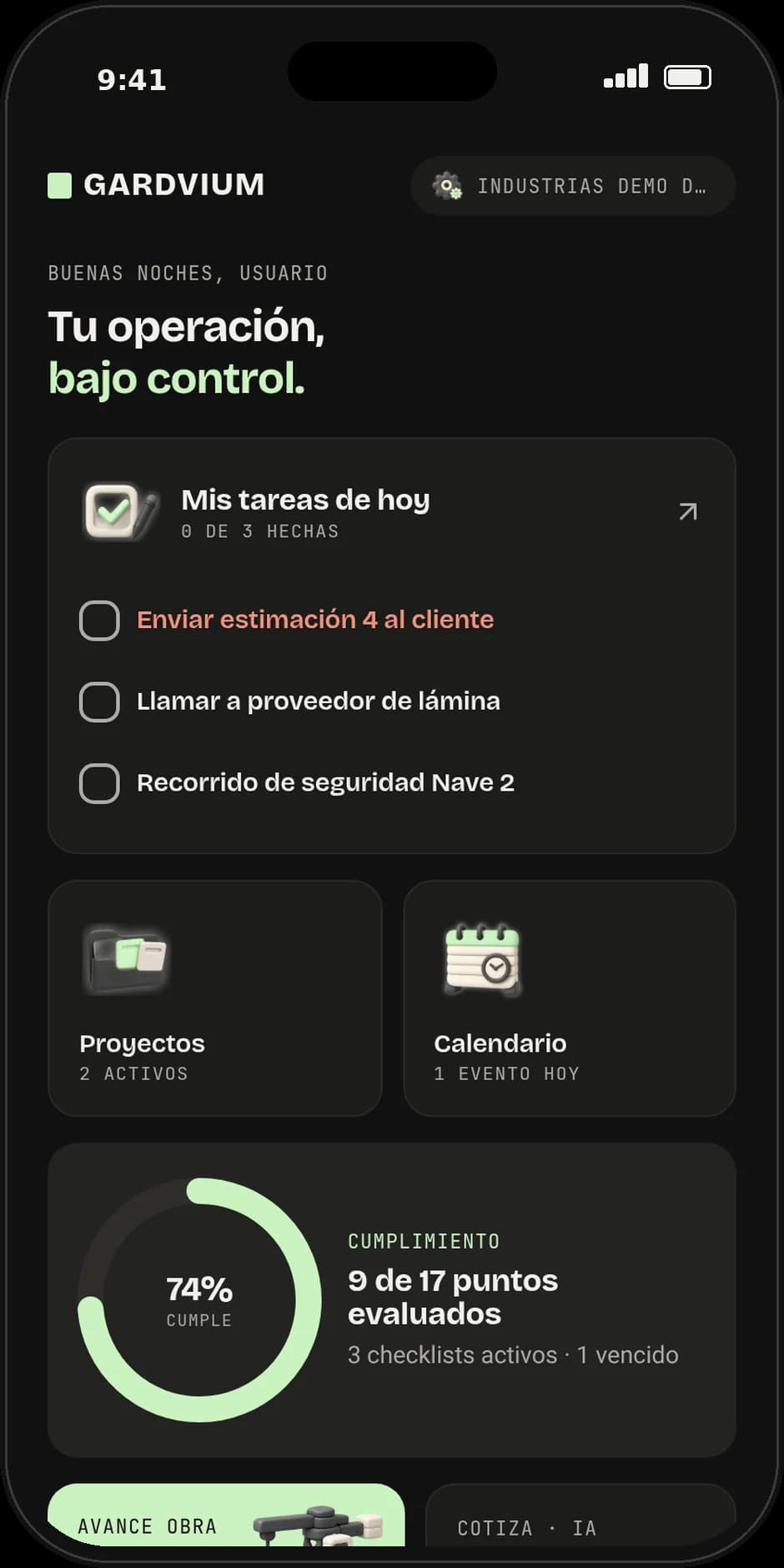 La app en modo oscuro