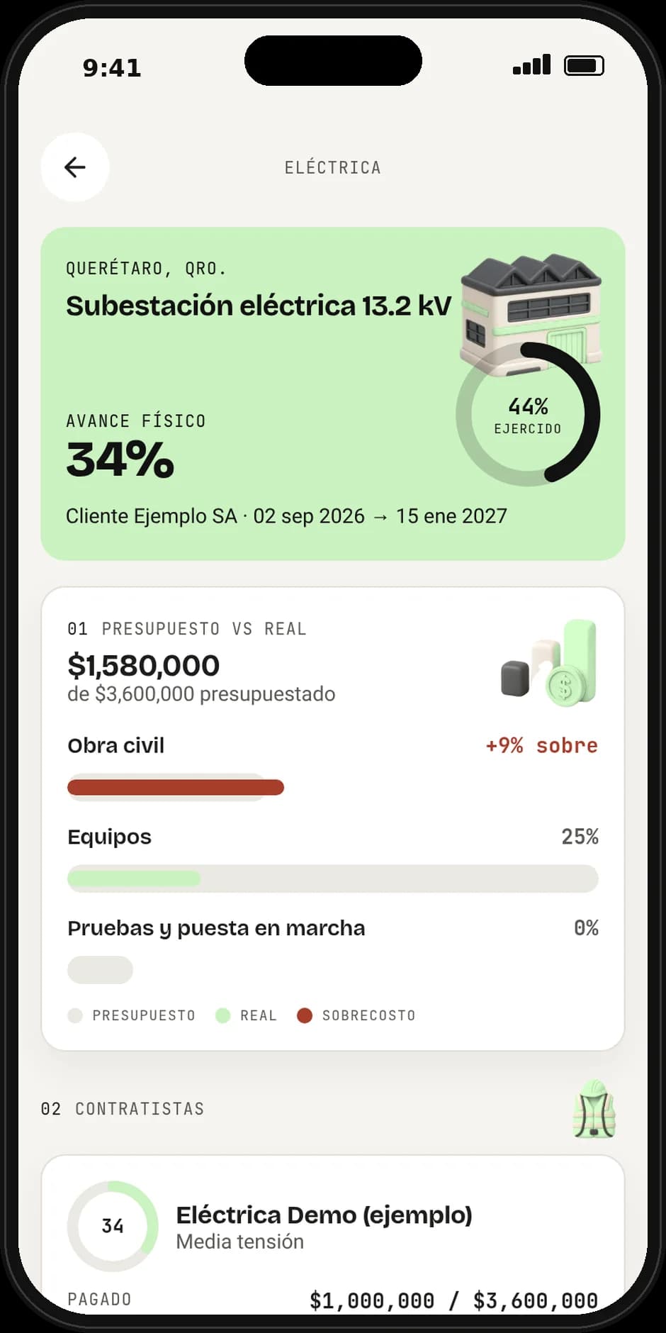 Pantalla de la app GARDVIUM Obra con avance físico y presupuesto contra real